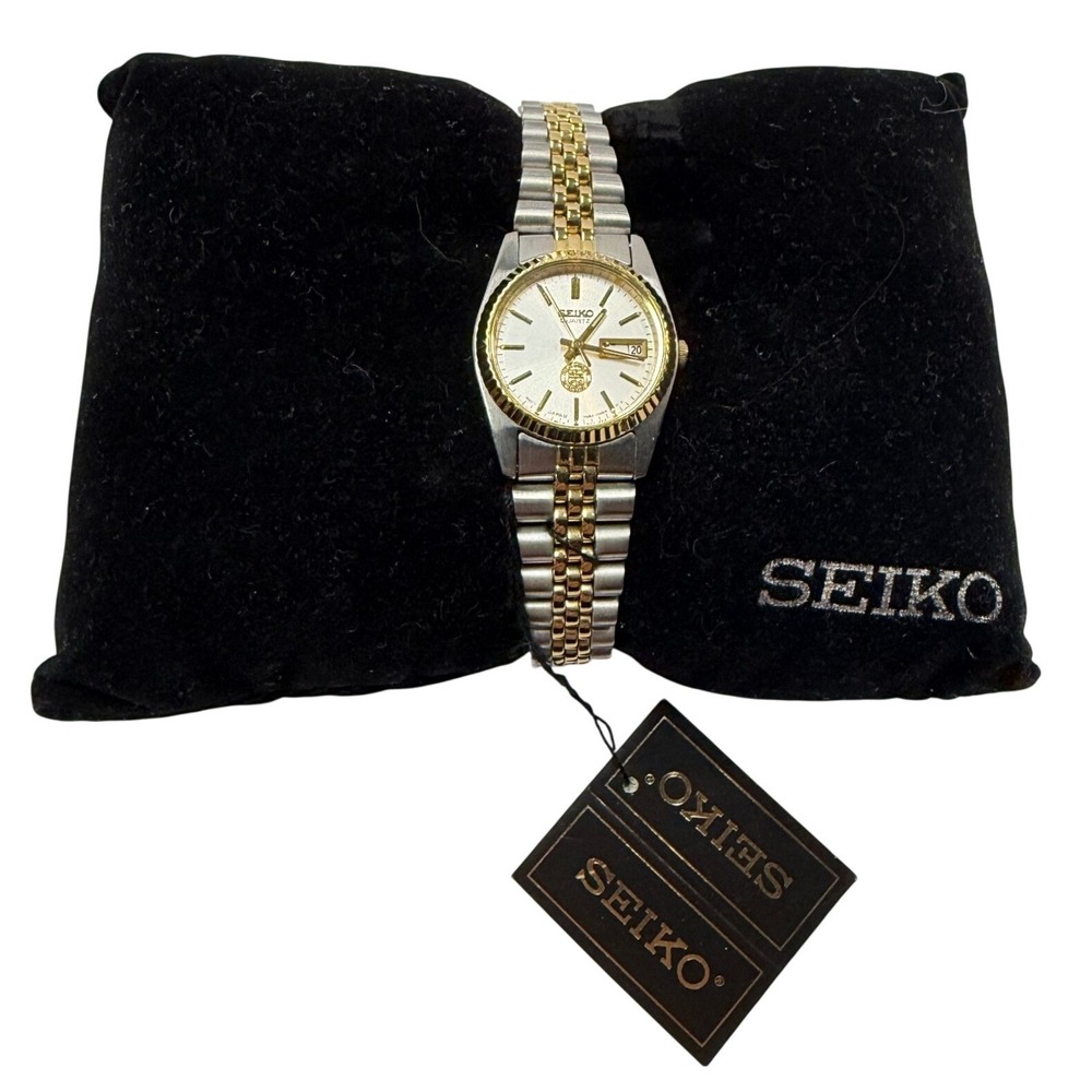 Seiko Quartz Two Tone Watch 7N83-006M Silver Dial Gold Fluted Bezel Day Date